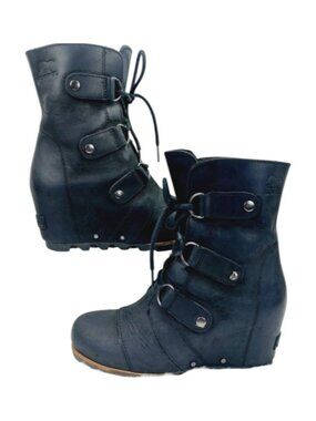 Sorel Women's Black Joan Of Arctic Wedge II Leather Classic Ankle Bootie Sz 6.5